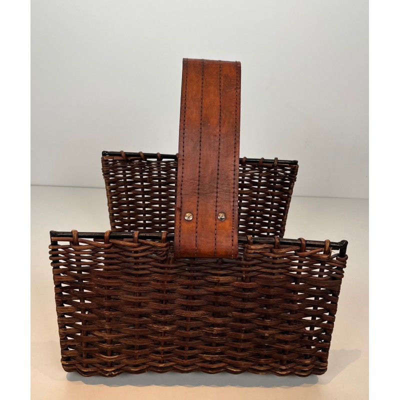 Rattan, Black Lacquered Metal and Leather Log Holder