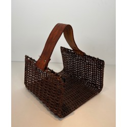 Rattan, Black Lacquered Metal and Leather Log Holder