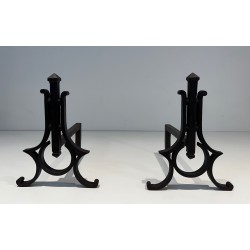 Pair of Modernist Wrought Iron Andirons
