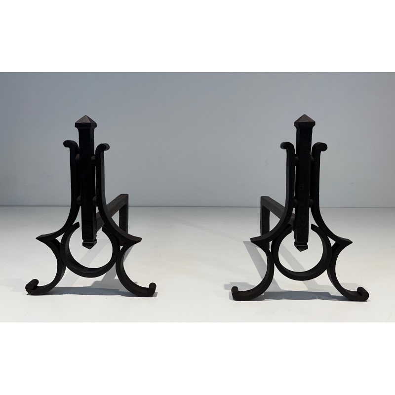Paire de Chenets Modernistes en Fer Forgé