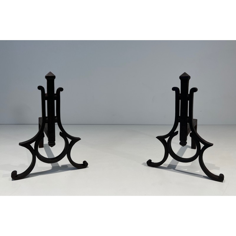 Paire de Chenets Modernistes en Fer Forgé
