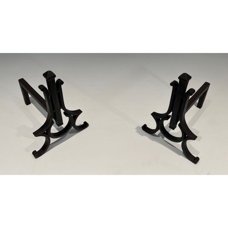 Paire de Chenets Modernistes en Fer Forgé