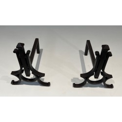 Pair of Modernist Wrought Iron Andirons