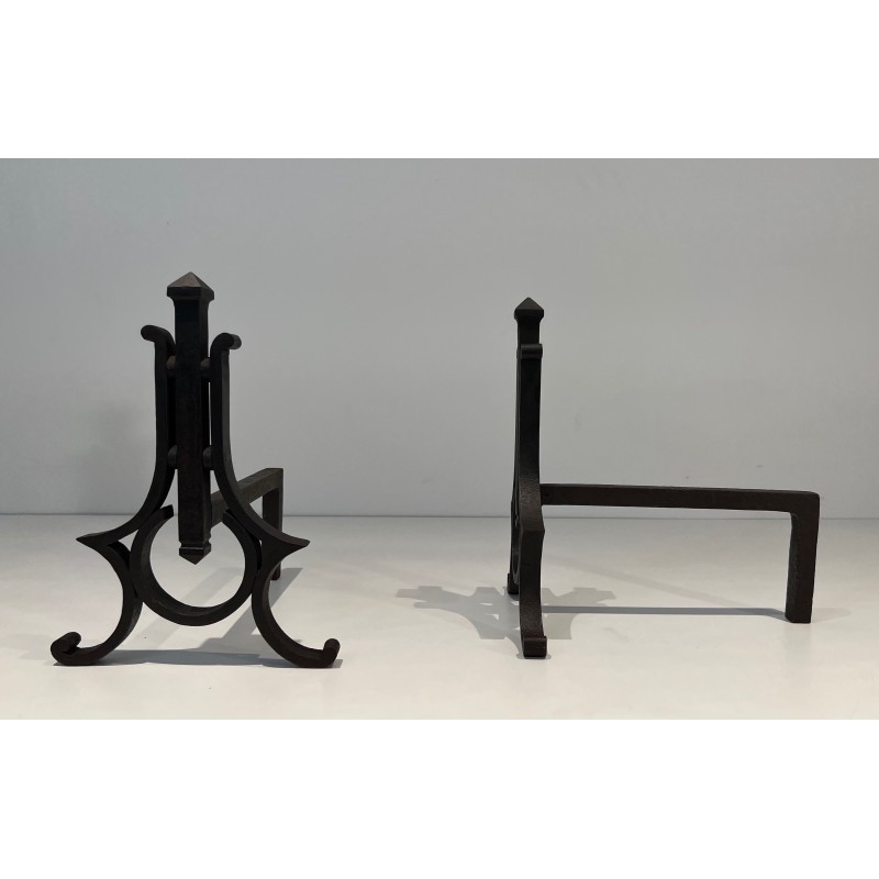 Paire de Chenets Modernistes en Fer Forgé