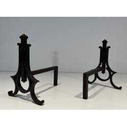 Paire de Chenets Modernistes en Fer Forgé