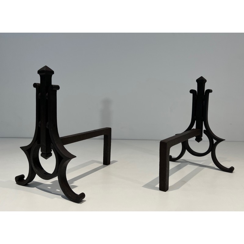 Pair of Modernist Wrought Iron Andirons