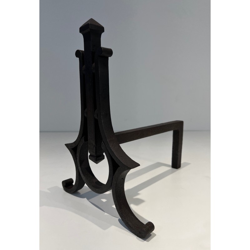 Paire de Chenets Modernistes en Fer Forgé