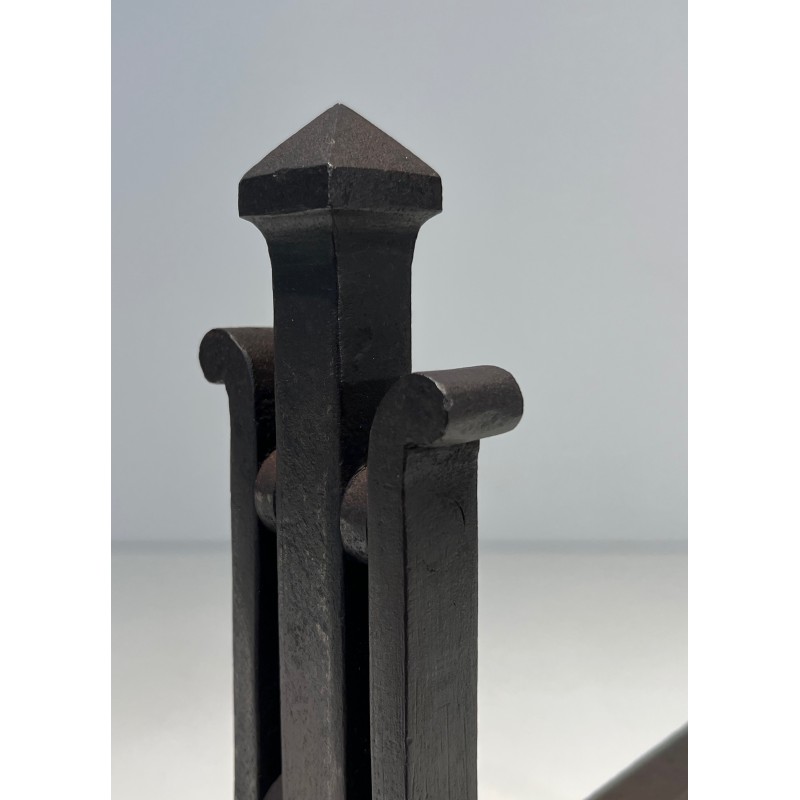 Pair of Modernist Wrought Iron Andirons