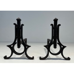 Pair of Modernist Wrought Iron Andirons