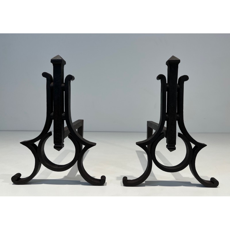 Pair of Modernist Wrought Iron Andirons