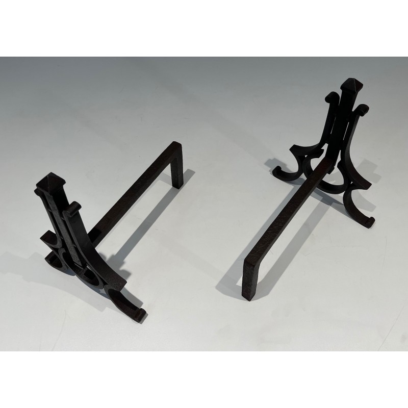 Paire de Chenets Modernistes en Fer Forgé