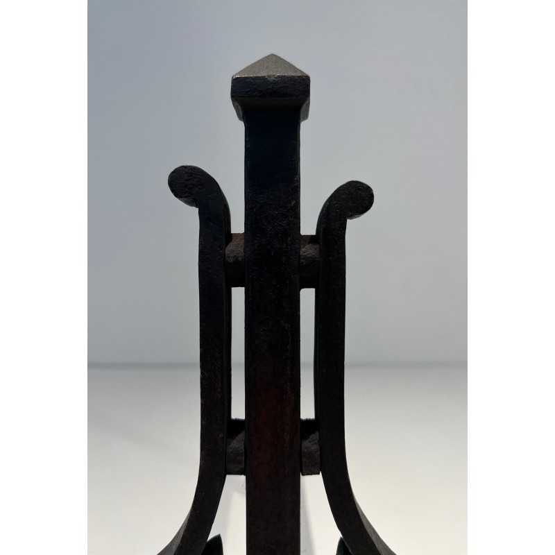 Paire de Chenets Modernistes en Fer Forgé