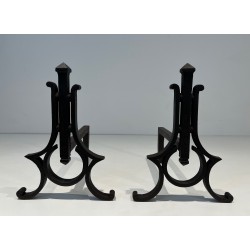 Pair of Modernist Wrought Iron Andirons
