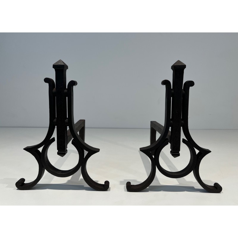 Paire de Chenets Modernistes en Fer Forgé