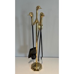 Nécessaire de Feu en Laiton et Métal Laqué à Décors de Canards