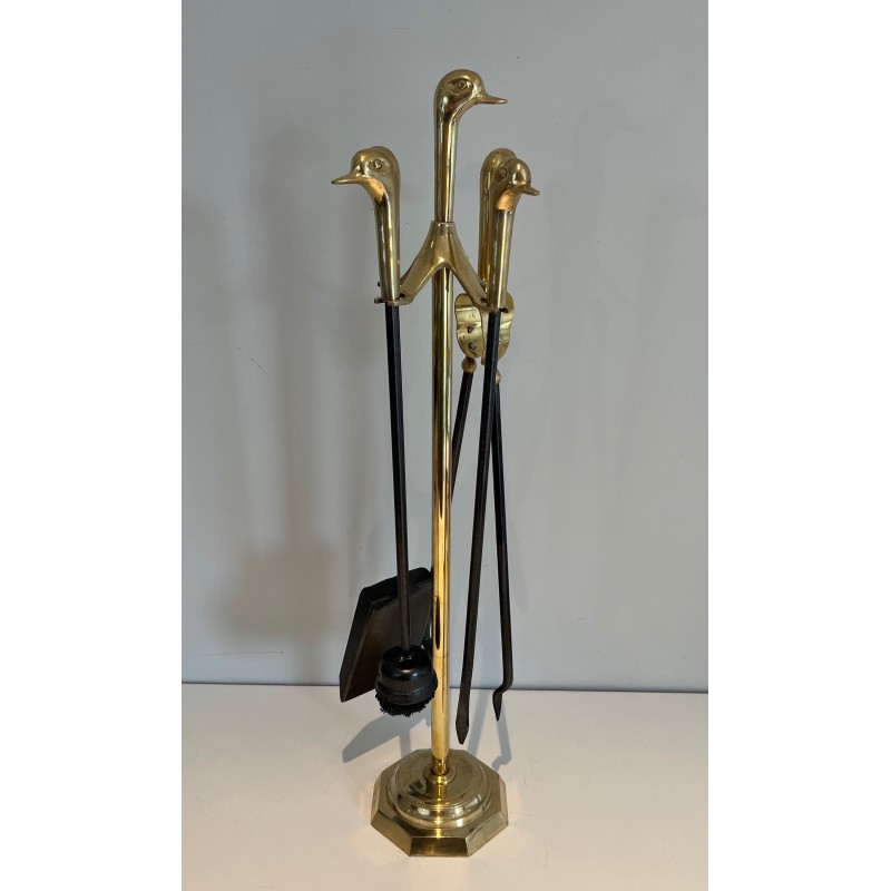 Brass and Lacquered Metal Fireplace Tools on Stand with Duck Decoration