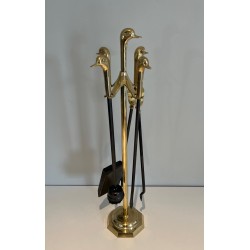 Nécessaire de Feu en Laiton et Métal Laqué à Décors de Canards