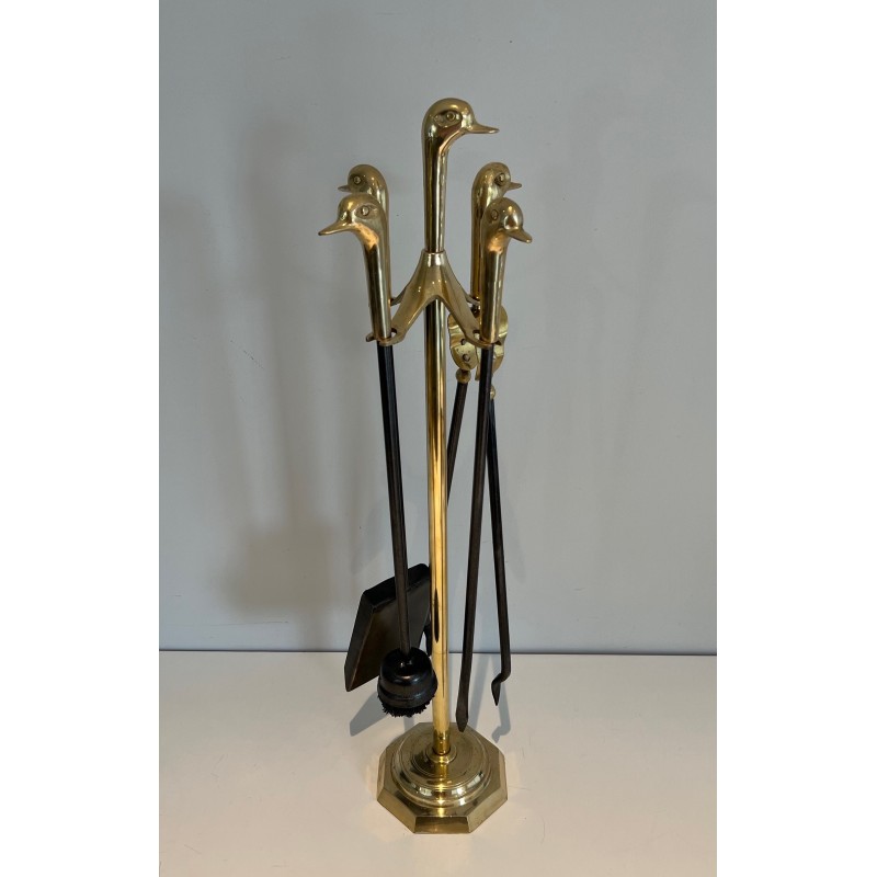 Nécessaire de Feu en Laiton et Métal Laqué à Décors de Canards