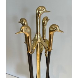 Nécessaire de Feu en Laiton et Métal Laqué à Décors de Canards