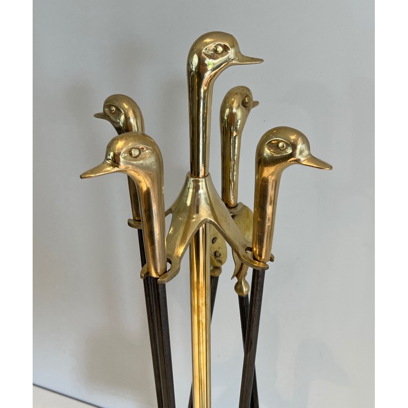 Nécessaire de Feu en Laiton et Métal Laqué à Décors de Canards