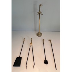 Brass and Lacquered Metal Fireplace Tools on Stand with Duck Decoration