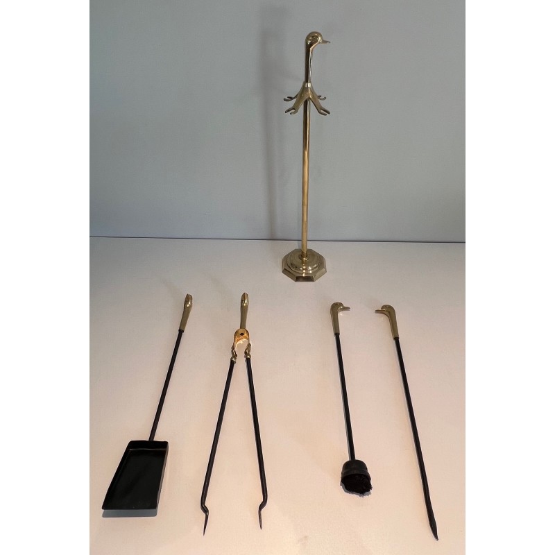 Nécessaire de Feu en Laiton et Métal Laqué à Décors de Canards