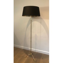 Neoclassical-Style Adjustable Brass Floor Lamp with Black Chintz Shade, Gilt Interior
