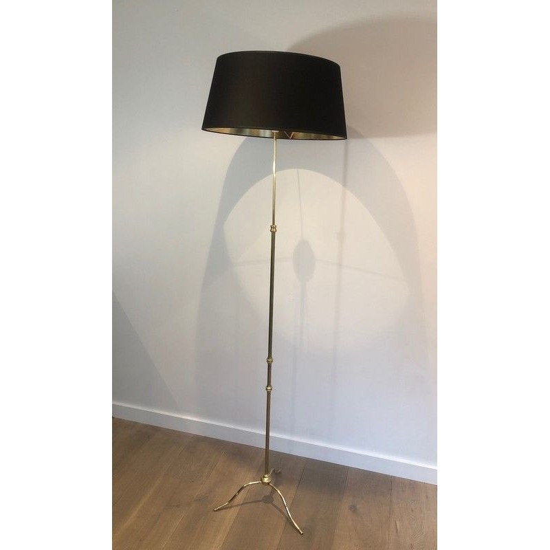 Lampadaire Ajustable de Style Néoclassique en Laiton, Abat-Jour en Chintz Noir à Intérieur Doré