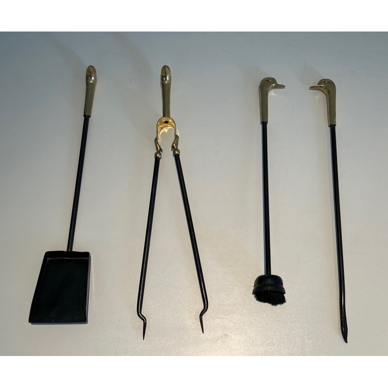 Brass and Lacquered Metal Fireplace Tools on Stand with Duck Decoration