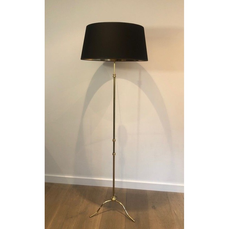 Neoclassical-Style Adjustable Brass Floor Lamp with Black Chintz Shade, Gilt Interior