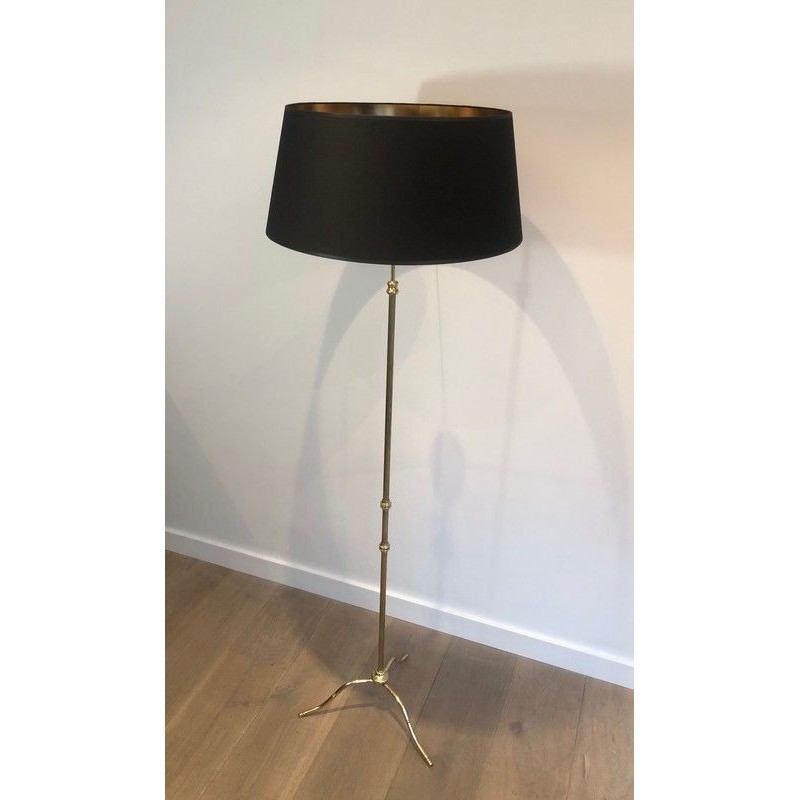 Lampadaire Ajustable de Style Néoclassique en Laiton, Abat-Jour en Chintz Noir à Intérieur Doré