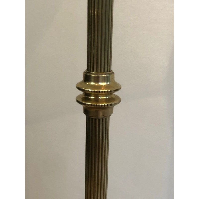Neoclassical-Style Adjustable Brass Floor Lamp with Black Chintz Shade, Gilt Interior