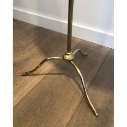 Neoclassical-Style Adjustable Brass Floor Lamp with Black Chintz Shade, Gilt Interior