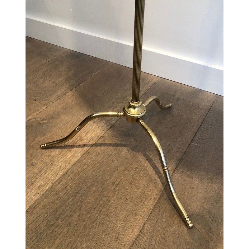 Neoclassical-Style Adjustable Brass Floor Lamp with Black Chintz Shade, Gilt Interior