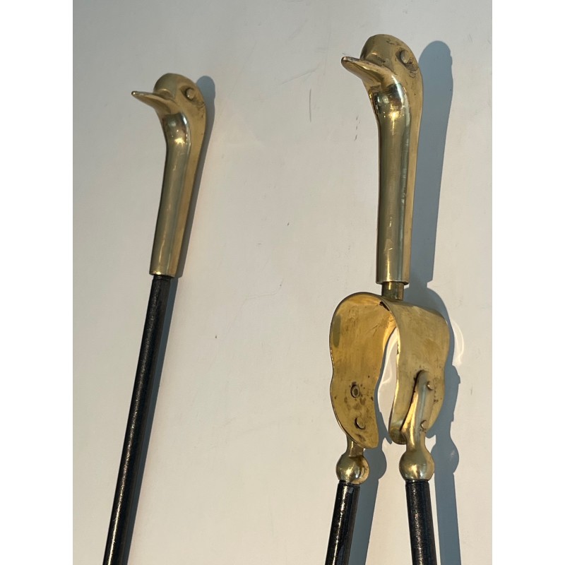 Brass and Lacquered Metal Fireplace Tools on Stand with Duck Decoration