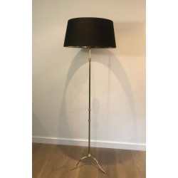Neoclassical-Style Adjustable Brass Floor Lamp with Black Chintz Shade, Gilt Interior