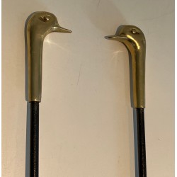 Nécessaire de Feu en Laiton et Métal Laqué à Décors de Canards