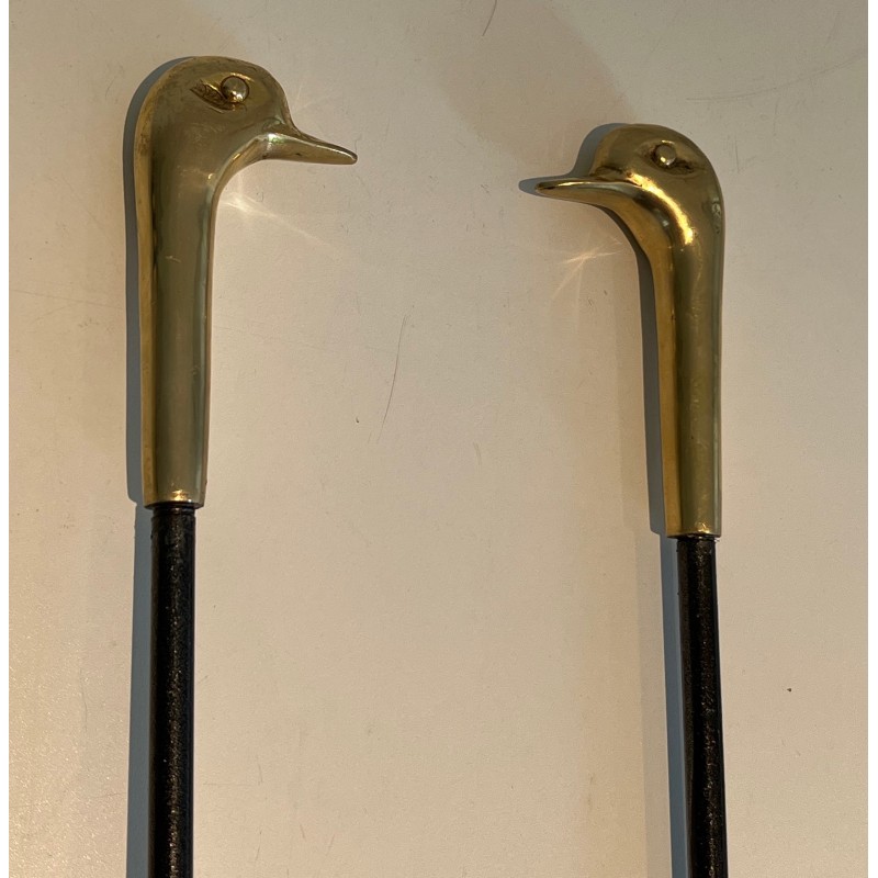 Brass and Lacquered Metal Fireplace Tools on Stand with Duck Decoration