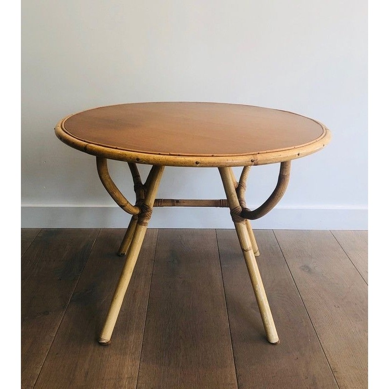Table Basse Ronde en Rotin à Plateau de Bois