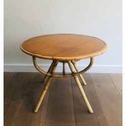 Round Rattan Coffee Table with Wooden Top