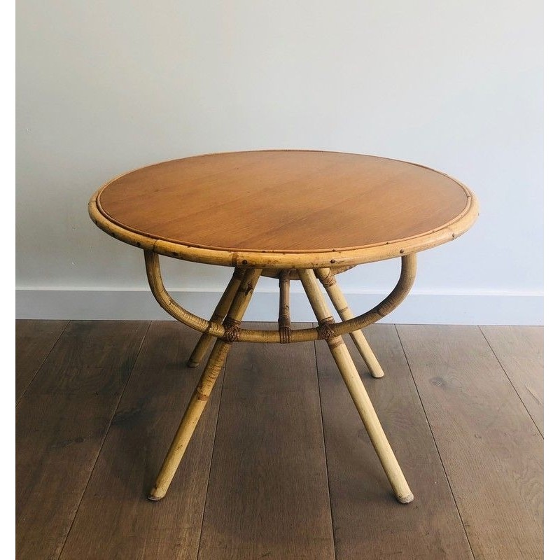Table Basse Ronde en Rotin à Plateau de Bois