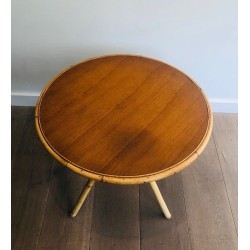 Round Rattan Coffee Table with Wooden Top