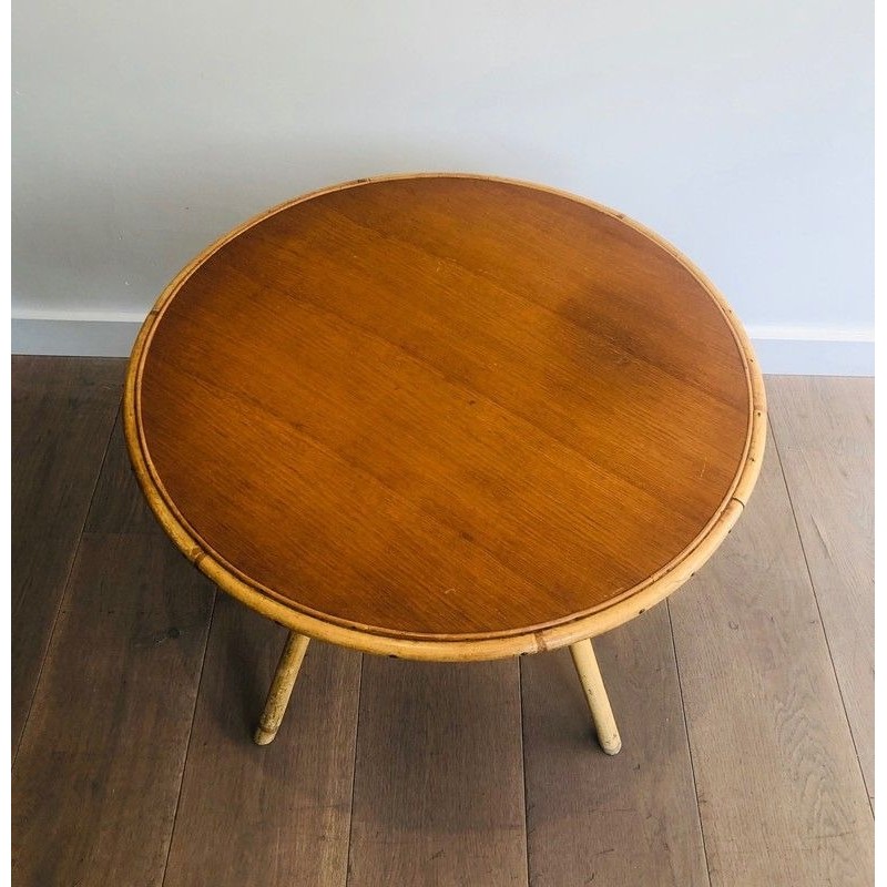 Table Basse Ronde en Rotin à Plateau de Bois