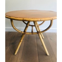 Round Rattan Coffee Table with Wooden Top