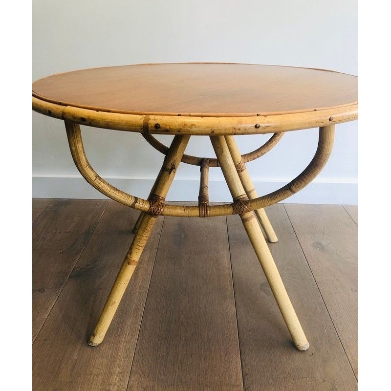 Round Rattan Coffee Table with Wooden Top