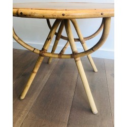 Table Basse Ronde en Rotin à Plateau de Bois
