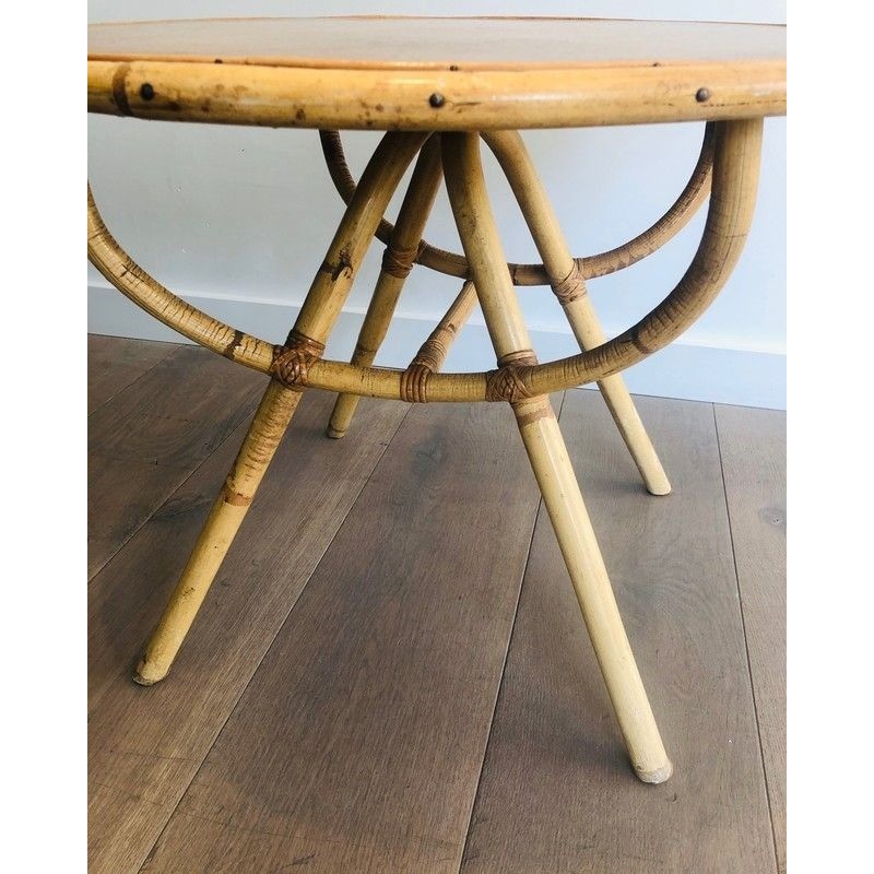 Table Basse Ronde en Rotin à Plateau de Bois