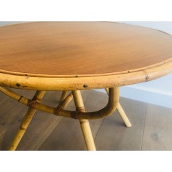 Table Basse Ronde en Rotin à Plateau de Bois