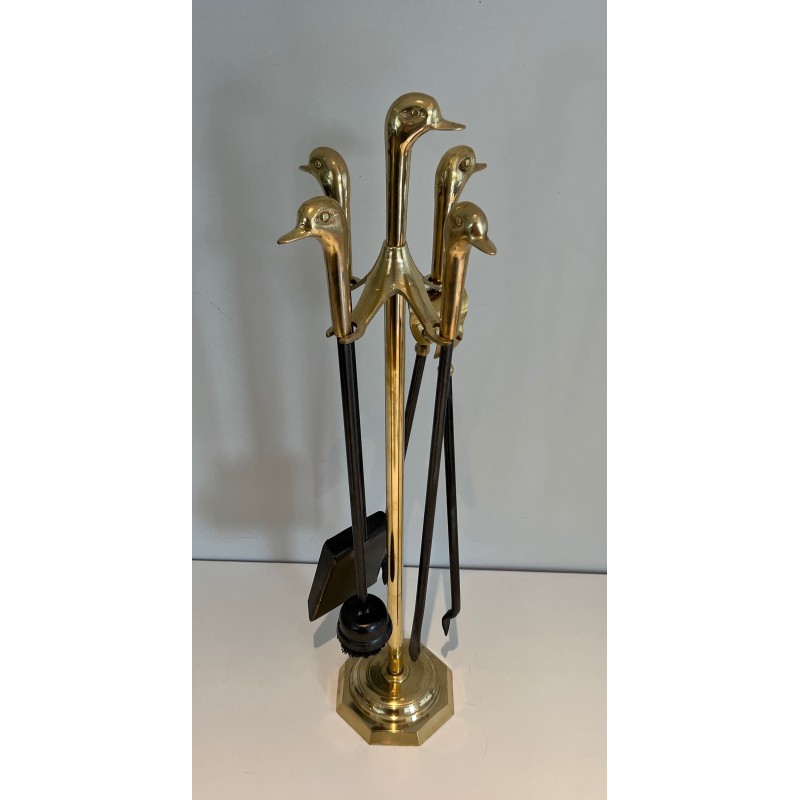 Brass and Lacquered Metal Fireplace Tools on Stand with Duck Decoration