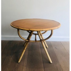 Table Basse Ronde en Rotin à Plateau de Bois